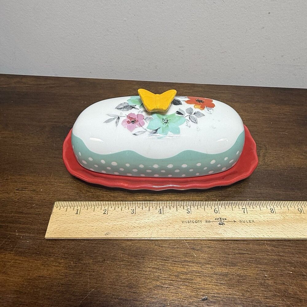 Pioneer Woman Flea Market Floral Red Covered Butter Dish Butterfly Handle 6.4" - Picture 7 of 8